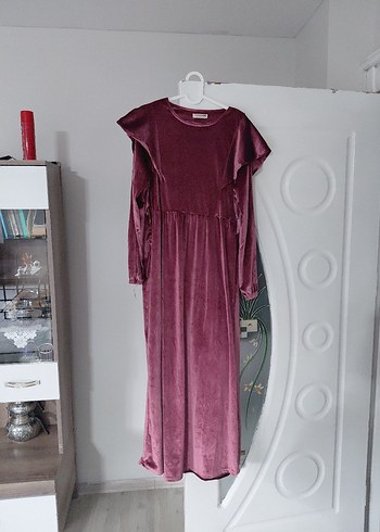 Bordo Kadın Uzun Kollu kadife Elbise - Görsel 5