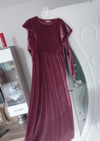 Bordo Kadın Uzun Kollu kadife Elbise - Görsel 3