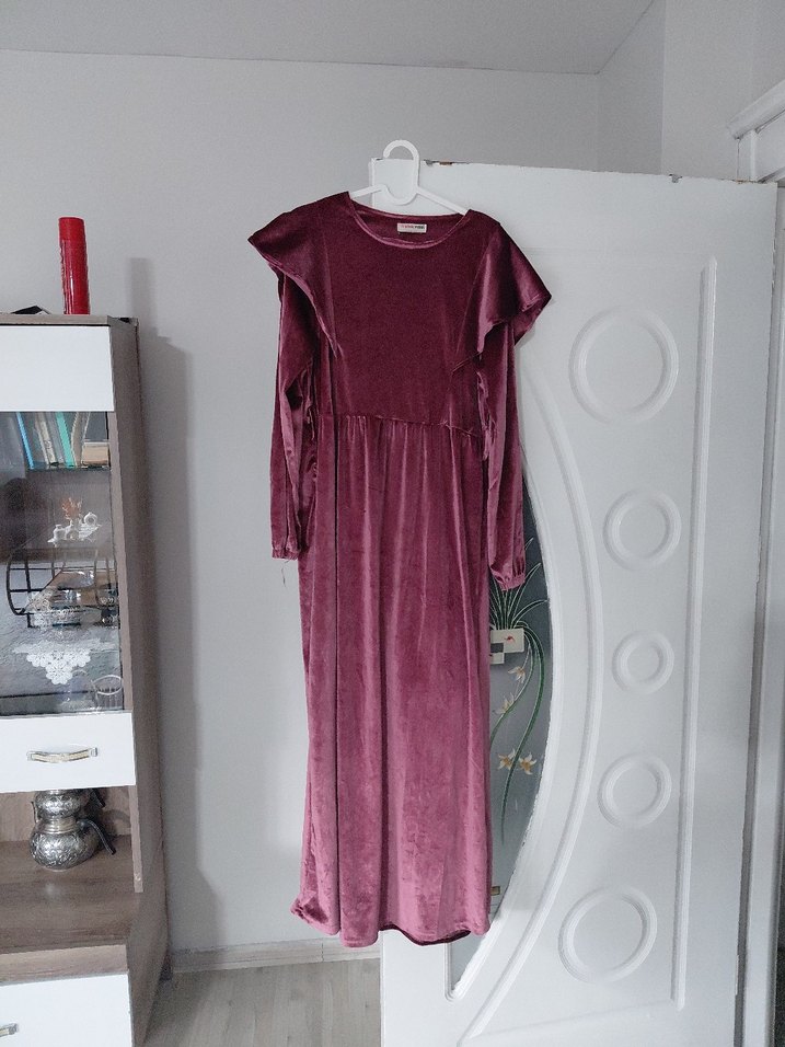 Bordo Kadın Uzun Kollu kadife Elbise - Görsel 5