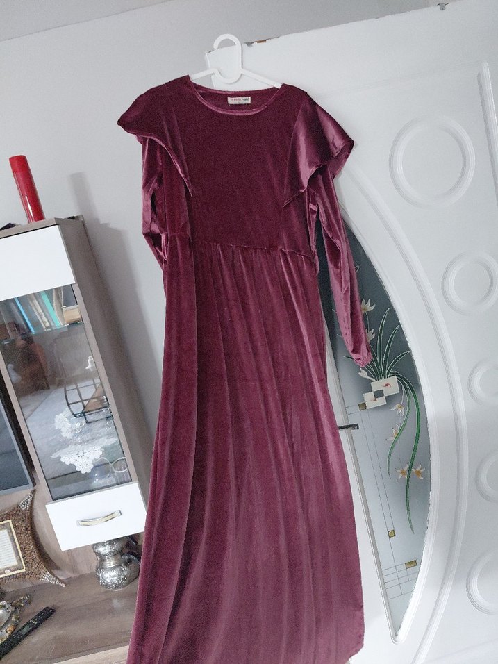 Bordo Kadın Uzun Kollu kadife Elbise - Görsel 3