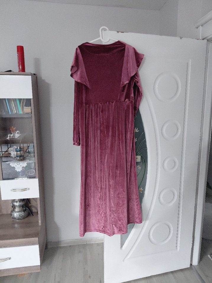 Bordo Kadın Uzun Kollu kadife Elbise - Görsel 2