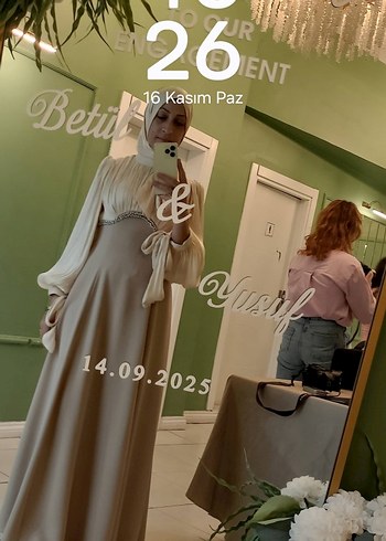 Bej Uzun Kollu Drapeli Kadın Abiye Elbise - Görsel 5