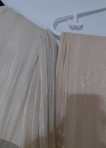 Bej Uzun Kollu Drapeli Kadın Abiye Elbise - Görsel 3