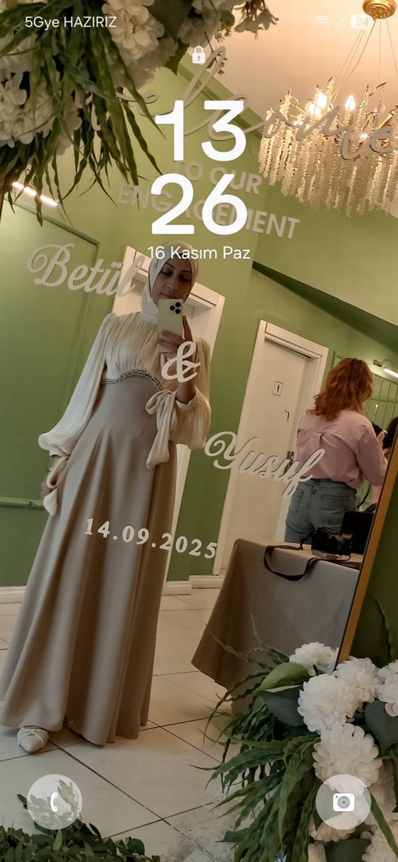 Bej Uzun Kollu Drapeli Kadın Abiye Elbise - Görsel 5