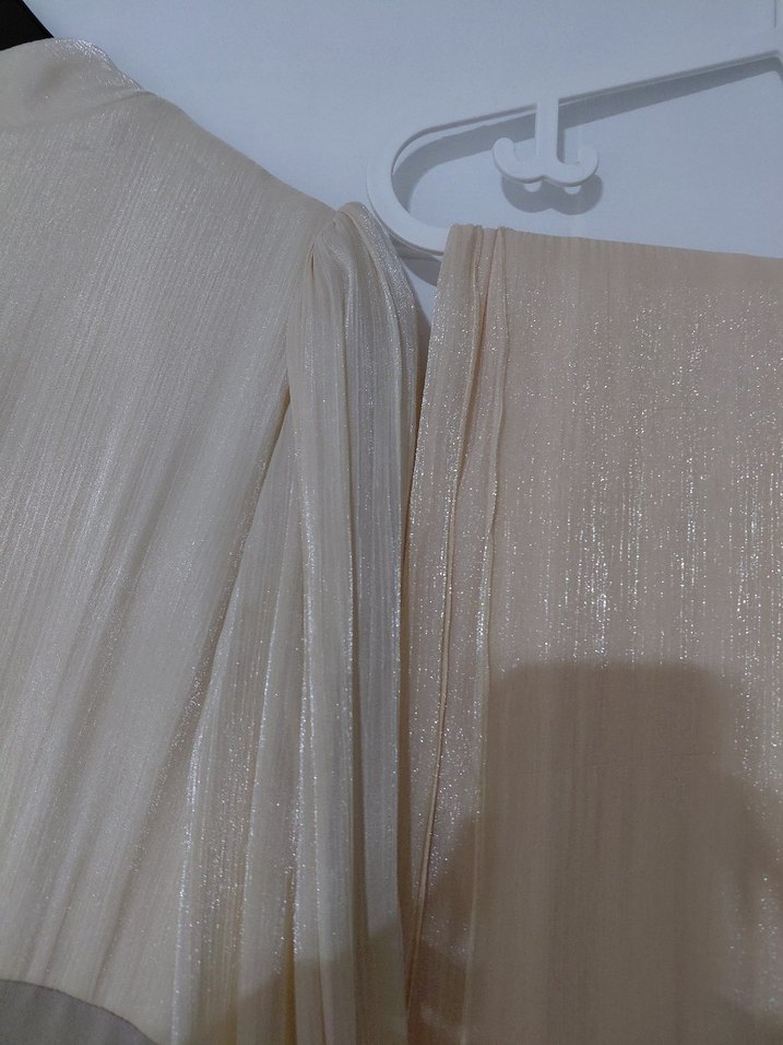 Bej Uzun Kollu Drapeli Kadın Abiye Elbise - Görsel 3