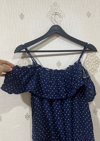 Lacivert Puantiyeli Omuzları Açık Uzun Tulum - Görsel 5