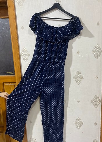 Lacivert Puantiyeli Omuzları Açık Uzun Tulum - Görsel 2