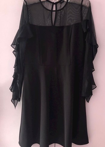 Uzun Kollu Fırfırlı Siyah Midi Elbise - Görsel 3