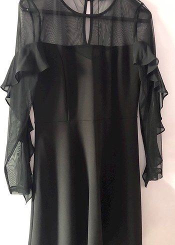 Uzun Kollu Fırfırlı Siyah Midi Elbise - Görsel 4