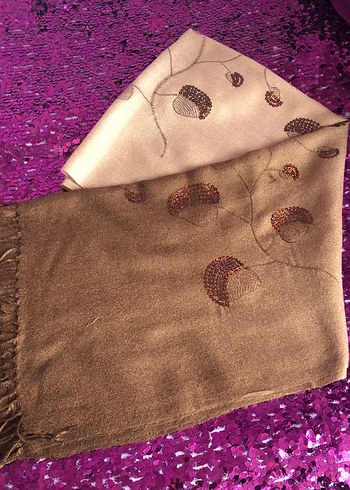 Pul İşlemeli Krem-Kahverengi Yünlü Kadın Şal - Görsel 2