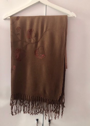 Pul İşlemeli Krem-Kahverengi Yünlü Kadın Şal - Görsel 3