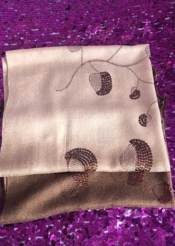 Pul İşlemeli Krem-Kahverengi Yünlü Kadın Şal - Görsel 4