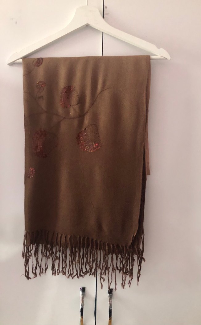 Pul İşlemeli Krem-Kahverengi Yünlü Kadın Şal - Görsel 3