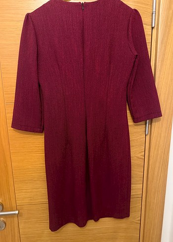 Bordo V Yaka Midi Ofis Elbisesi - Görsel 2