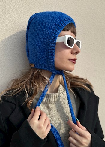 Saks mavisi %25 yünlü kadın bone balaclava - Görsel 5