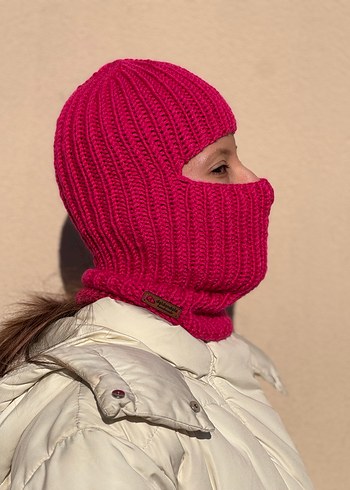 %25 yünlü chunky pembe balaclava kar maskesi - Görsel 7