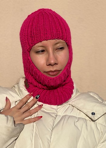 %25 yünlü chunky pembe balaclava kar maskesi - Görsel 4