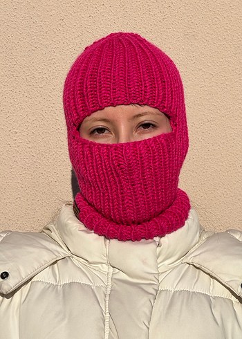 %25 yünlü chunky pembe balaclava kar maskesi - Görsel 2