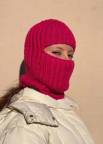 %25 yünlü chunky pembe balaclava kar maskesi - Görsel 6
