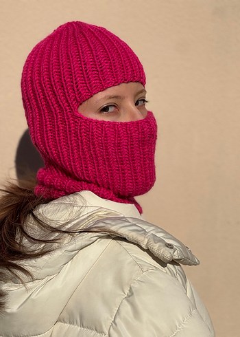 %25 yünlü chunky pembe balaclava kar maskesi - Görsel 5