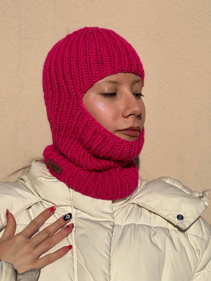 %25 yünlü chunky pembe balaclava kar maskesi - Görsel 3