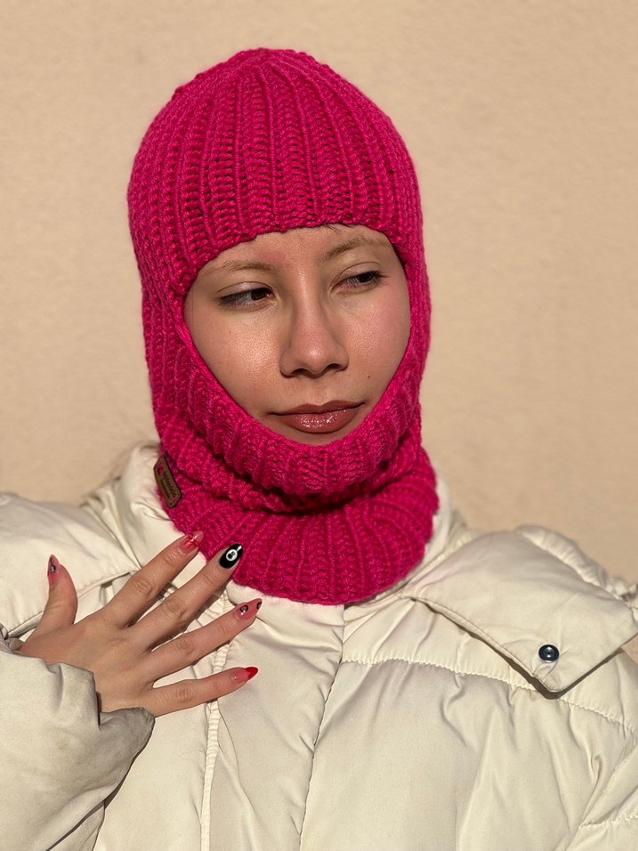 %25 yünlü chunky pembe balaclava kar maskesi - Görsel 4