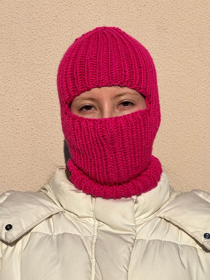 %25 yünlü chunky pembe balaclava kar maskesi - Görsel 2