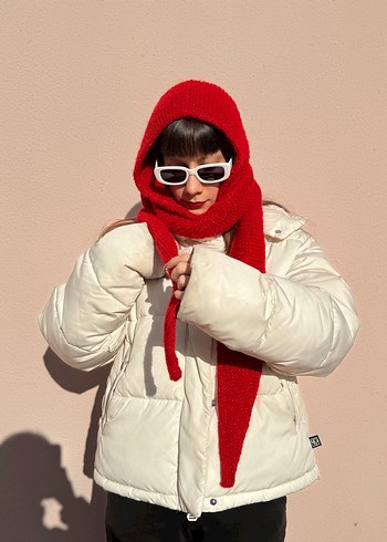 Kırmızı El Örgüsü Kadın şal-balaclava - Görsel 8