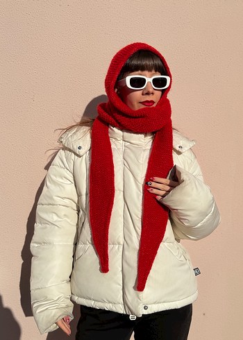 Kırmızı El Örgüsü Kadın şal-balaclava - Görsel 7