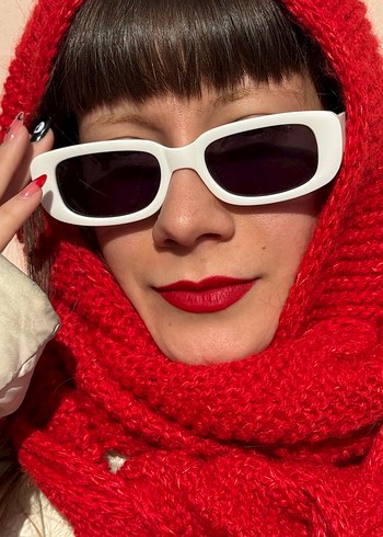 Kırmızı El Örgüsü Kadın şal-balaclava - Görsel 2