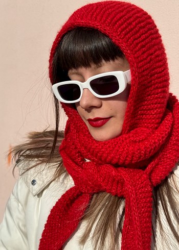 Kırmızı El Örgüsü Kadın şal-balaclava - Görsel 4