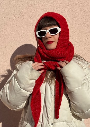 Kırmızı El Örgüsü Kadın şal-balaclava - Görsel 5