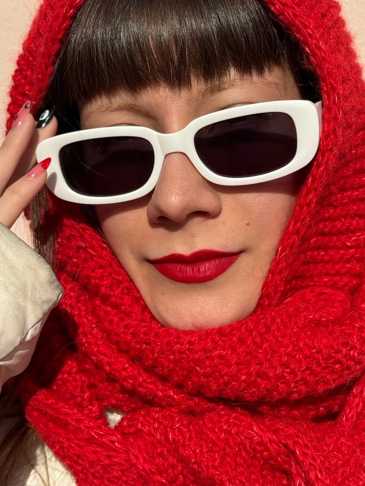 Kırmızı El Örgüsü Kadın şal-balaclava - Görsel 2