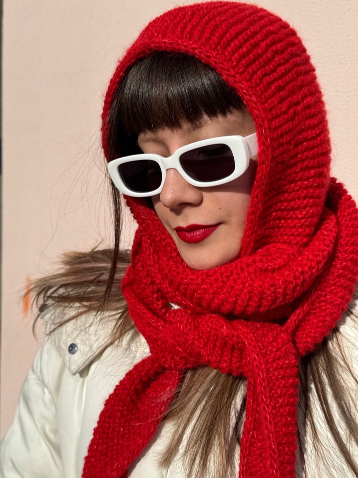 Kırmızı El Örgüsü Kadın şal-balaclava - Görsel 4