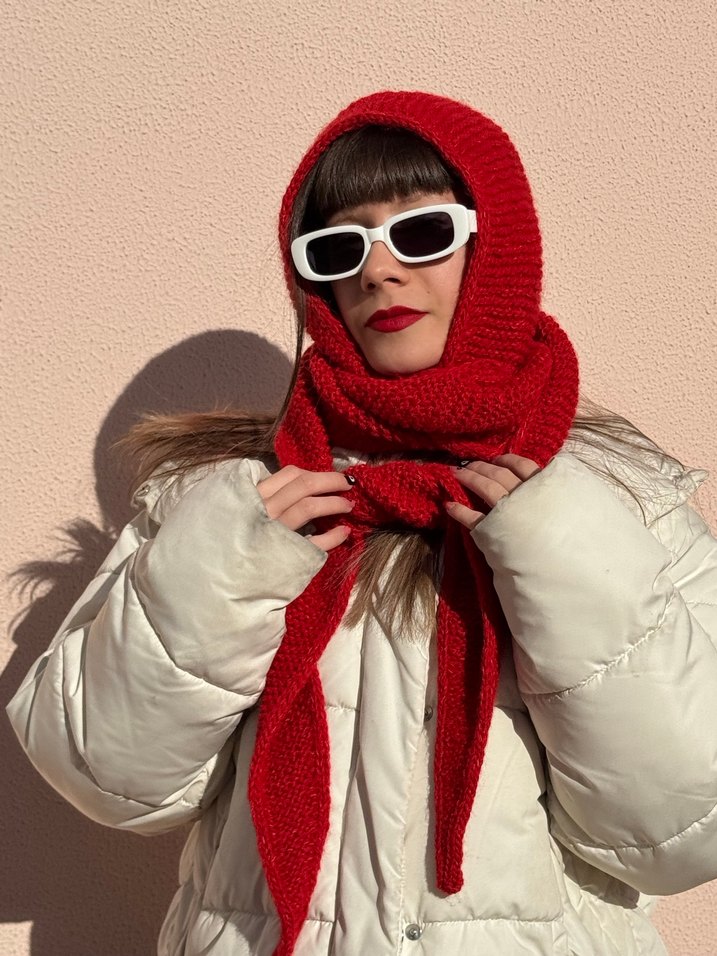 Kırmızı El Örgüsü Kadın şal-balaclava - Görsel 5