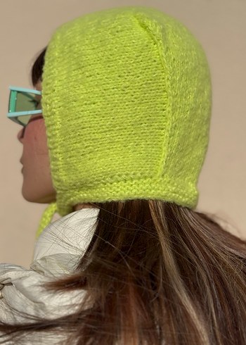 Neon Sarı Moher El Örgüsü Bone Balaclava - Görsel 4