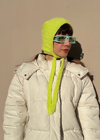 Neon Sarı Moher El Örgüsü Bone Balaclava - Görsel 6