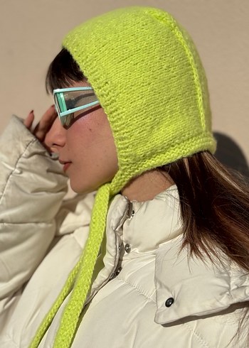 Neon Sarı Moher El Örgüsü Bone Balaclava - Görsel 3