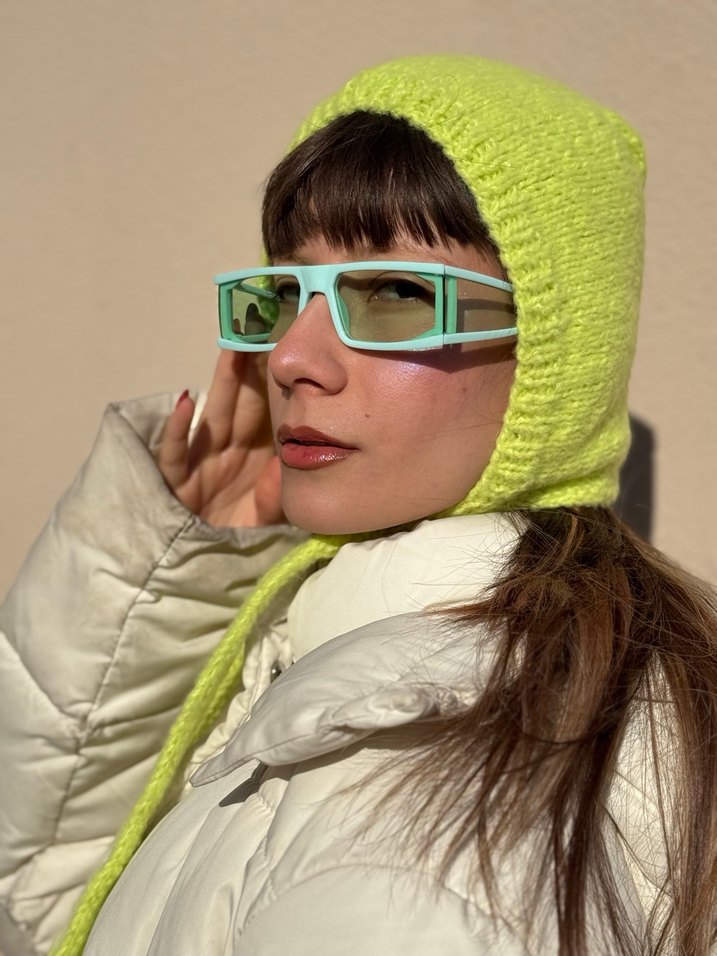 Neon Sarı Moher El Örgüsü Bone Balaclava - Görsel 2