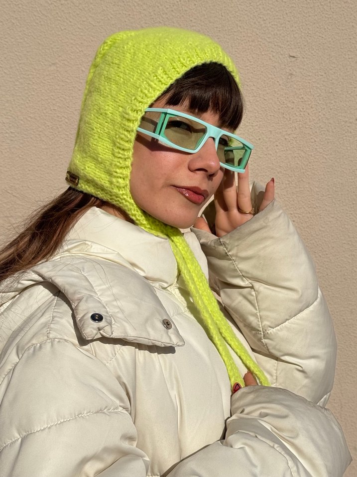 Neon Sarı Moher El Örgüsü Bone Balaclava - Görsel 5