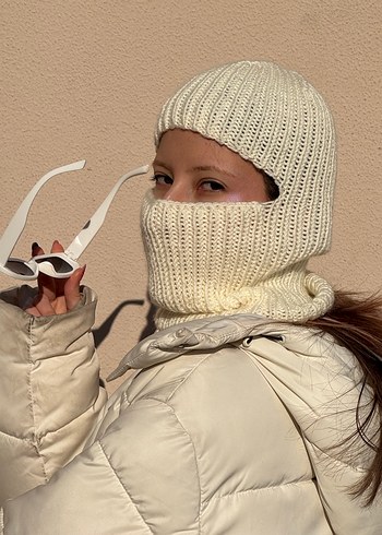 Krem rengi el örgüsü yünlü balaclava - Görsel 5