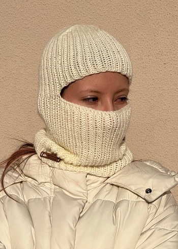 Krem rengi el örgüsü yünlü balaclava - Görsel 4