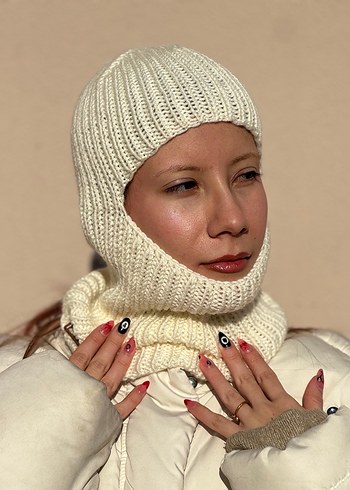 Krem rengi el örgüsü yünlü balaclava - Görsel 3