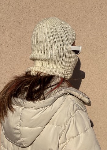 Krem rengi el örgüsü yünlü balaclava - Görsel 8