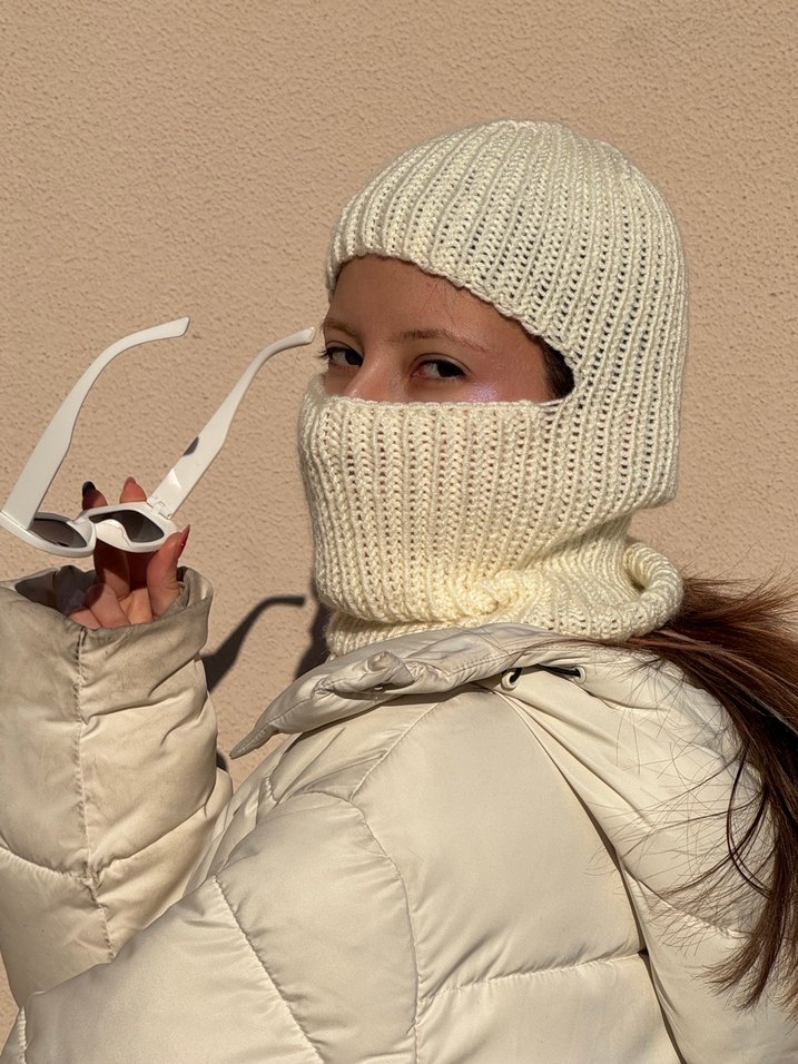 Krem rengi el örgüsü yünlü balaclava - Görsel 5