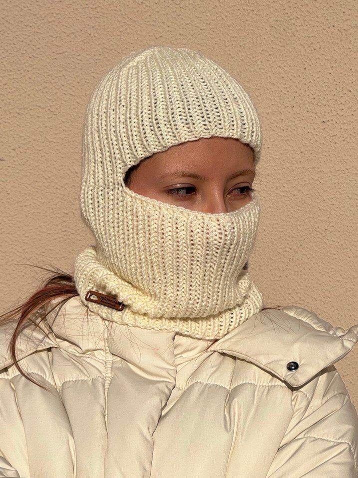 Krem rengi el örgüsü yünlü balaclava - Görsel 4