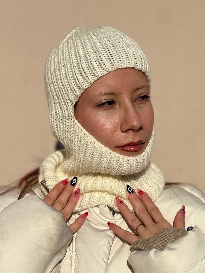 Krem rengi el örgüsü yünlü balaclava - Görsel 3