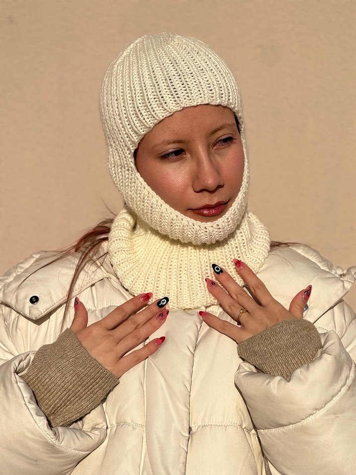 Krem rengi el örgüsü yünlü balaclava - Görsel 2