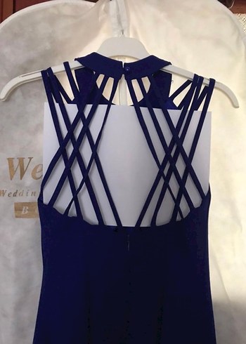 Parlak Lacivert Uzun Askılı Abiye Elbise - Görsel 5