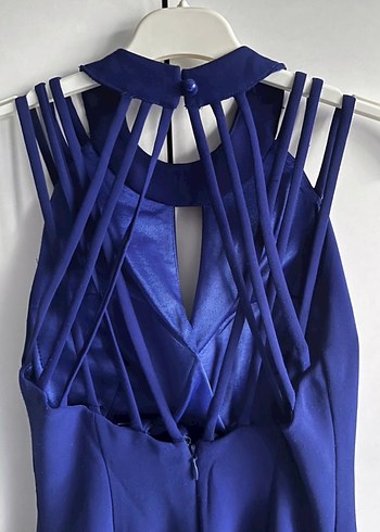 Parlak Lacivert Uzun Askılı Abiye Elbise - Görsel 2